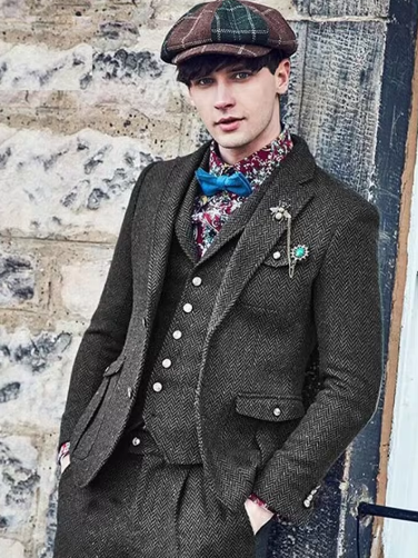 3 Pieces Mens Business Suits Dark Grey Wool Classic Herringbone Pattern Groom Tweed Tuxedos for Wedding (Blazer+Pants+Vest)