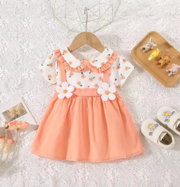 (0-3 Years Old) Summer Baby Girl Cotton Flower Fake Two-Piece Shoulder Strap Dress Girl Cute Short Sleeved Dress