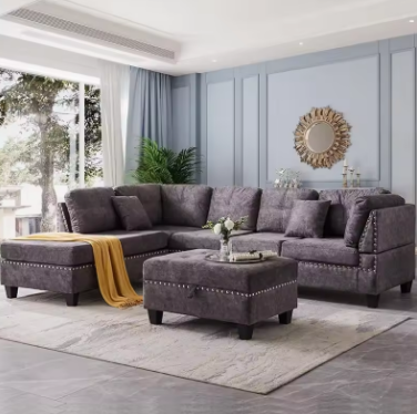 Living Room Furniture Sets,Modular Sectional Sofa Set,L-Shape Couch Set with Storage Ottoman and Two Small Pillow.