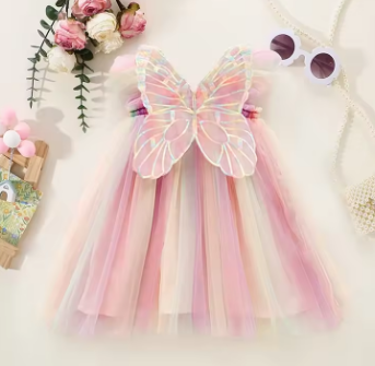 Summer Girls' Princess Party Birthday Dress Back Bow Wings Fairy Strap Embroidered Butterfly Mesh Dress Rainbow Baby Clothes