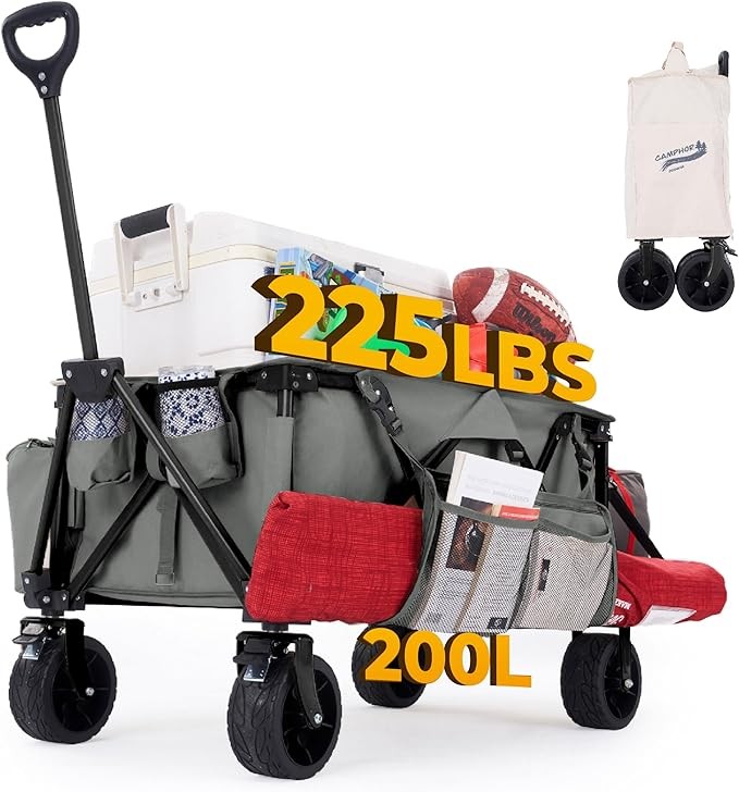 200L Collapsible Folding Beach Wagon |Heavy Duty Utility Cart Extender |Supports 225lbs |All-Terrain Big Wheels with Breaks for Sports Camping (Grey/Grey)