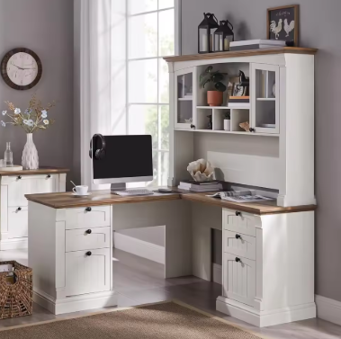 60" L Shaped Executive Desk with Hutch and Drawers, Farmhouse Home Office Desk with Charging Station, File Cabinet Storage