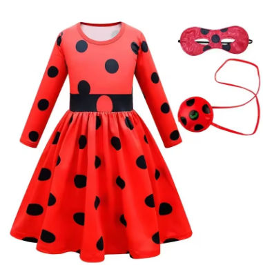 New Christmas Reddy Girl Little Beetle Cosplay Costume Mask Wig with Earrings Kids Halloween Fancy Costume Children Party Dress