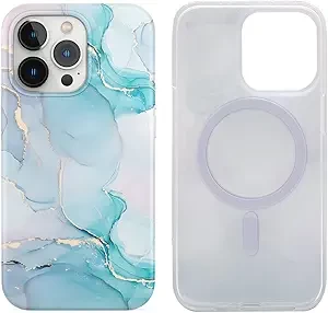 Magnetic Case for iPhone 13 Pro 6.1 inch Compatible with MagSafe Charging Soft TPU Slim Shockproof Protective Cute Cover for iPhone 13 Pro with Screen Protector (Pastel Green Purple Marble)