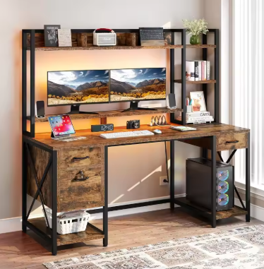 Computer desk with drawers and cabinets, 59.1 inch desk with power sockets and LED lights, home desk with storage shelf