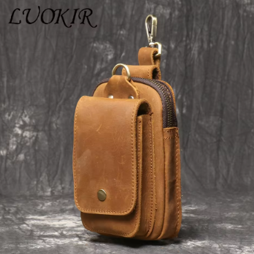 LUOKIR Retro Men's Genuine Leather Waist Bag, Crazy Horse Leather Strap, Mobile Phone Bag, Multifunctional Waist Hanging Bag