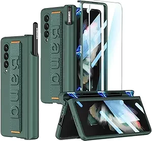 for Samsung Galaxy Z Fold 3 Case with Wrist Strap & Screen Protector & S Pen Slot,Magnetic Hinge Protective Bumper Case Ultra Slim Shockproof Anti-Scratch for Samsung Z Fold 3 5G (Green)