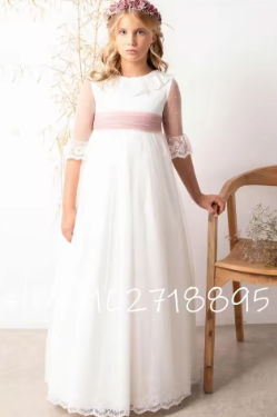 A Communion Dress Made of Smooth Tulles Gown with Flowers Belt Embroidered Floral Skirt Wedding Guest Minibridesmaid