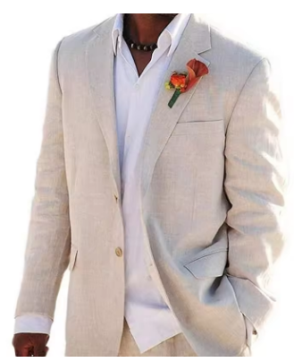 Beige Linen Men Suits 2 Pieces Beach Wedding American Style Jacket with Pants Formal Groom Tuxedos Male Suits (Blazer+Pants)