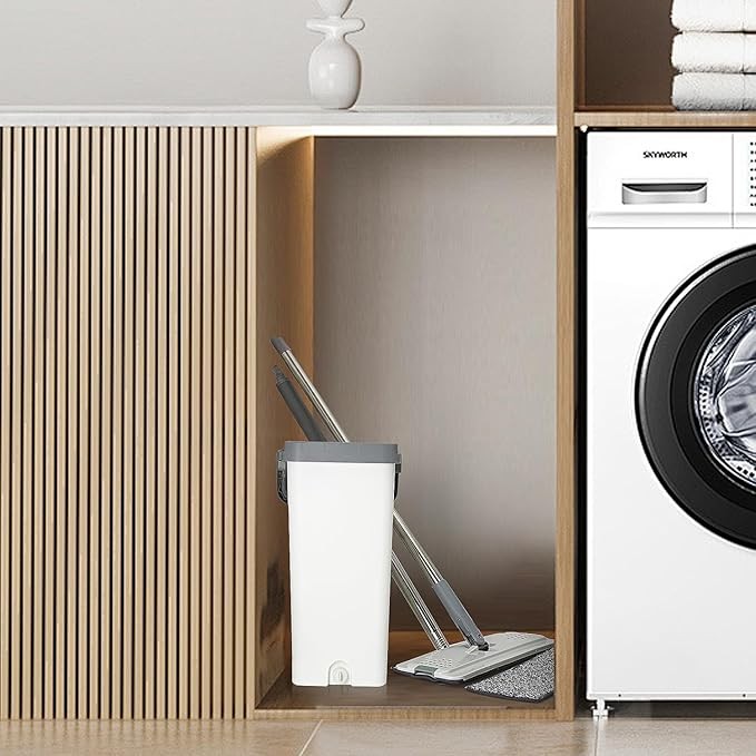 Mop and Bucket with Wringer Set for Home, Hands Free Flat Mop Bucket Set for Floor Cleaning, 2 Washable Microfiber Pads Included, Wet and Dry Use, Cleaning Supplies for Walls, Floors and Windows