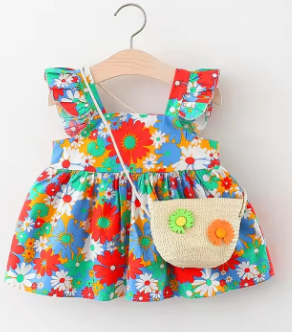 Girls' New Summer Small Flying Sleeve Flower Print Dress Children's Small Square Neck Casual Princess Dress+Small Bag