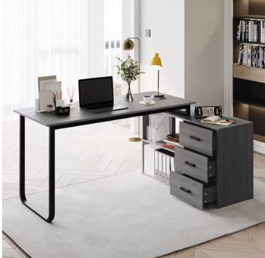 55" L Shaped Computer Desk with 3 Drawers and Shelf，Large Home Office Corner Desk with Storage Cabinet，Reversible Gaming Desk